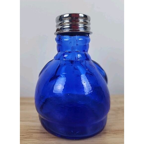 Vtg Cobalt Blue Glass Chef Salt and Pepper Shaker Set 3.25" Fat Men w Bow Tie - Picture 4 of 7